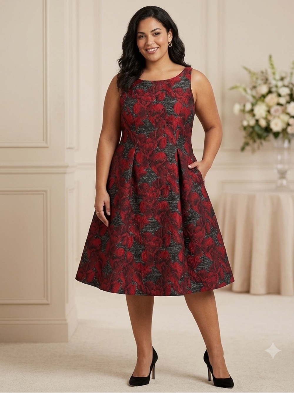 Adrianna Papell Red & Black Floral JacquardFit & Flare Cocktail Dress 16W